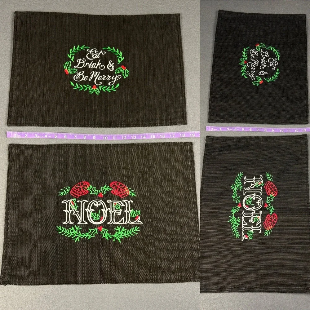 Lot of 4 Christmas Black Dark Fabric Rectangular Placemats Cursive Metallic READ